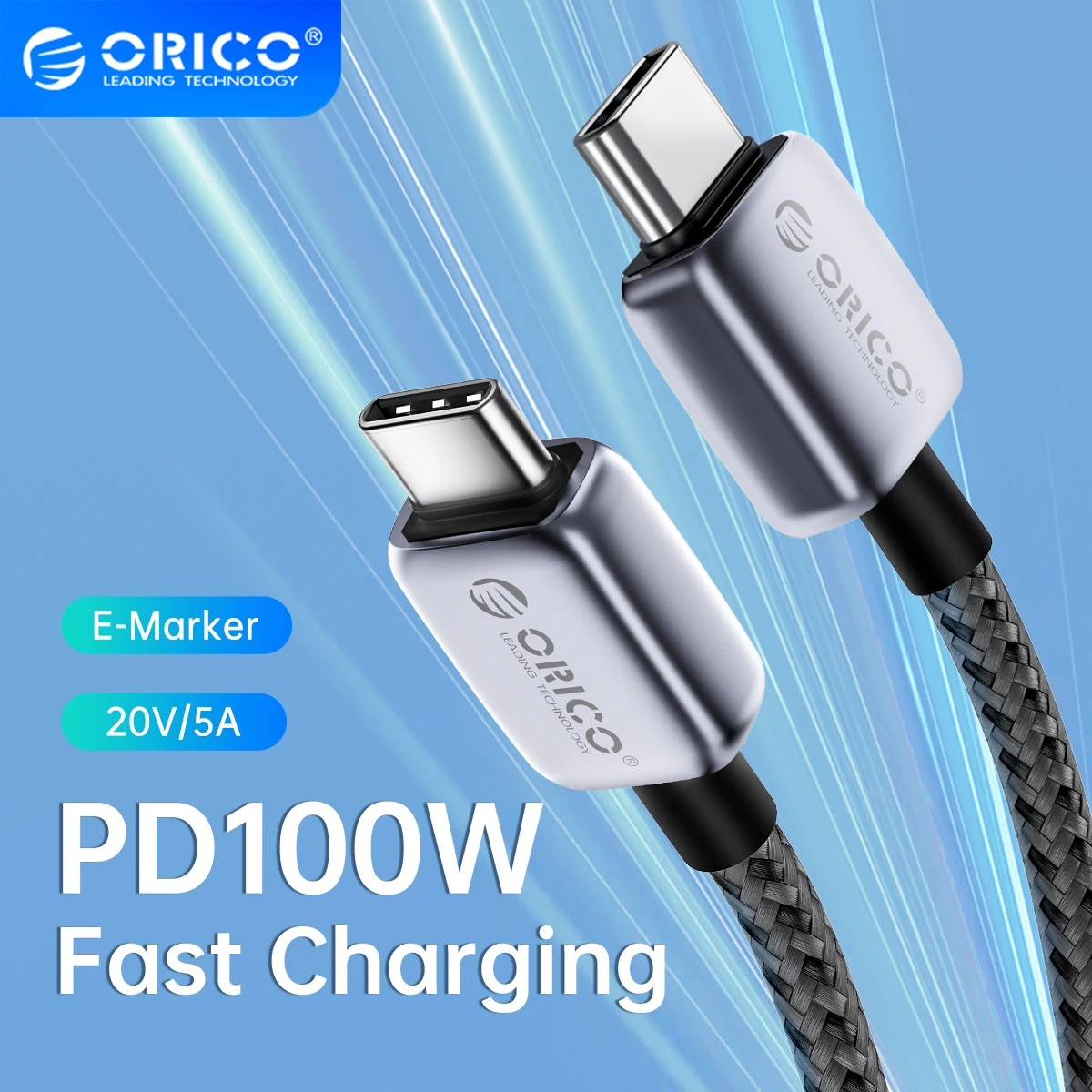 ORICO Cable USB Tipo C Carga Rápida 100W PD 5A Trenzado Nailon MacBook Pro iPad Pro Air Samsung Galaxy Teléfono Portátil - Vista principal del producto
