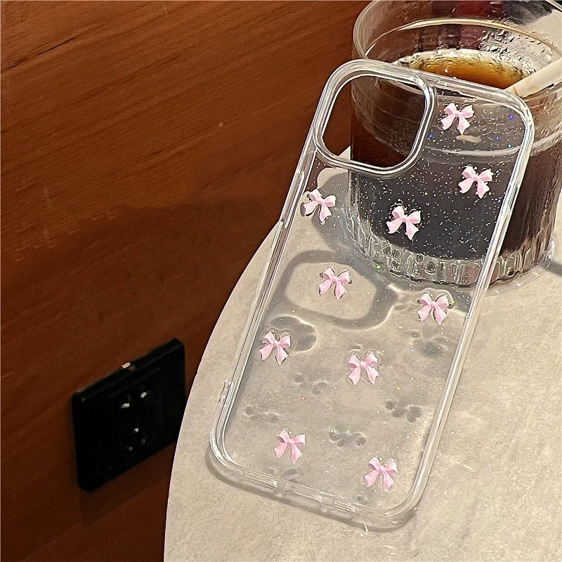 Bonita funda de teléfono con lazo rosa para iPhone 16, 15, 14, 13, 12, 11 Pro Max X XS Max MiNi Plus, funda suave para chica de Corea, carcasa con brillo epoxi - imagen 5
