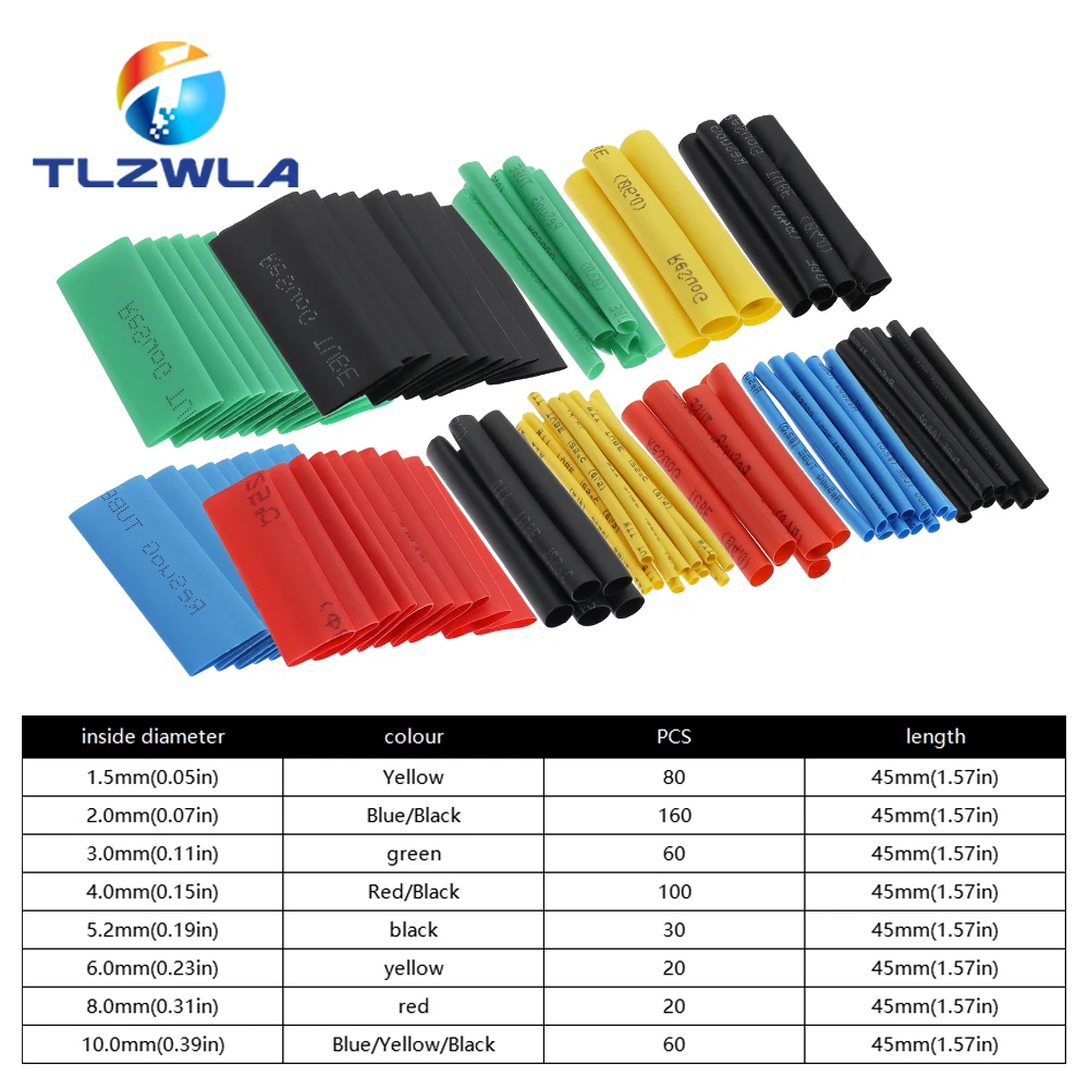 530 unids/set poliolefina retráctil surtido de tubos termorretráctiles Cable de alambre manguito aislado juego de tubos 2:1 funda de tubo impermeable