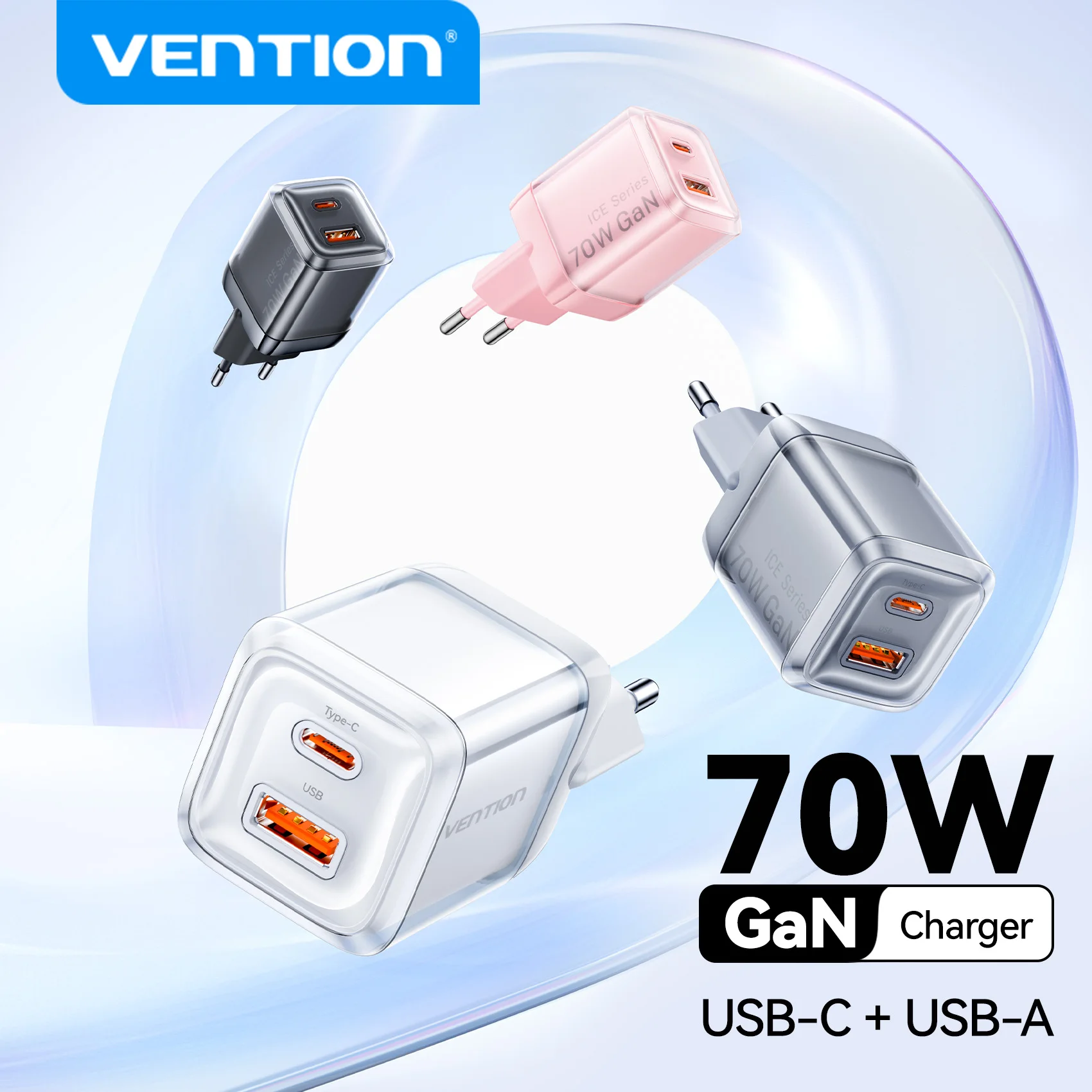 Vention 70W GaN cargador USB tipo C PD QC PPS carga rápida portátil para iPhone 16 15 14 13 Pro Max Samsung cargador de ordenador portátil