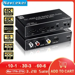 Switch HDMI Navceker 2.0 4K 60Hz HDR con ARC y Toslink