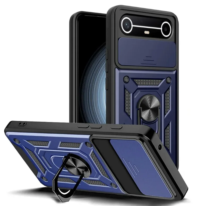 Funda de teléfono con protección de lente de cámara deslizante para Tecno Spark Slim Ring Stand cubierta trasera híbrida a prueba de golpes para Tecno Pova Slim - imagen 2
