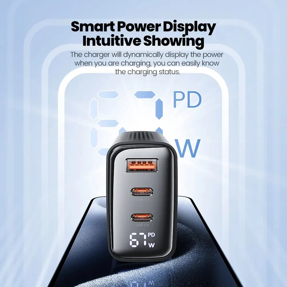 Toocki 67W GaN USB tipo C cargador pantalla Digital 65W 45W PPS PD QC4.0 carga rápida para Macbook portátil IPAD tableta iPhone 15 14 - imagen 2