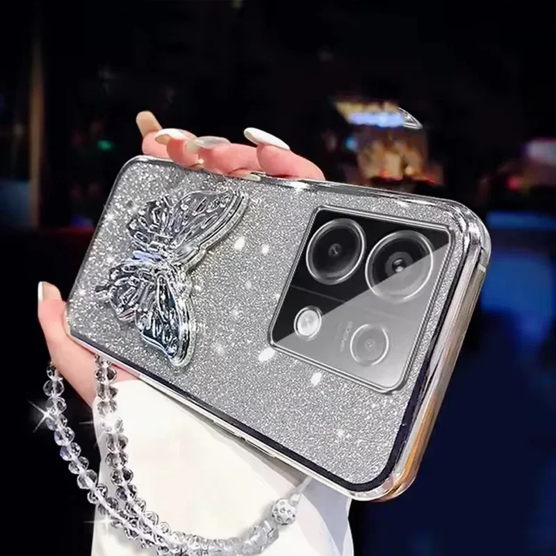 Fashion Butterfly Phone Holder Crystal Bracelet Glitter Plating Case for Xiaomi Redmi 14C Poco C75 C71 F7 Pro Bracket Back Cover - imagen 4