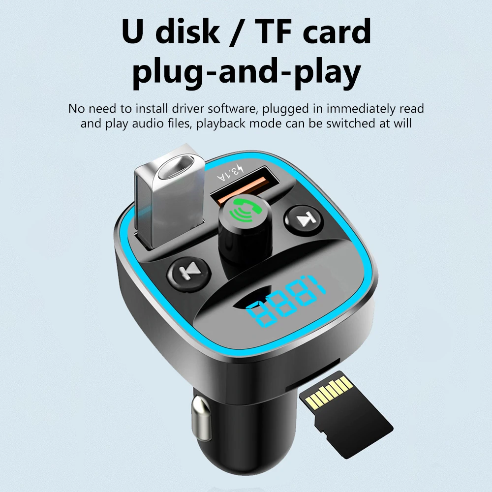 Reproductor de música MP3 para coche, Cargador USB Dual, manos libres, Bluetooth, transmisor FM 5,0, receptor, tarjeta TF, disco U, reproductor auxiliar - imagen 4