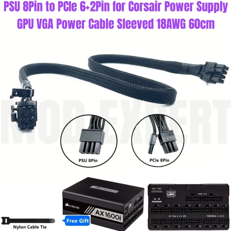 PCI-E individual de 8 pines, 6 + 2 pines para unidad de fuente de alimentación Modular Corsair AX1600i tipo 4, Cable de alimentación VGA GPU PCIe, red con funda, 18AWG 60 CM - imagen 2