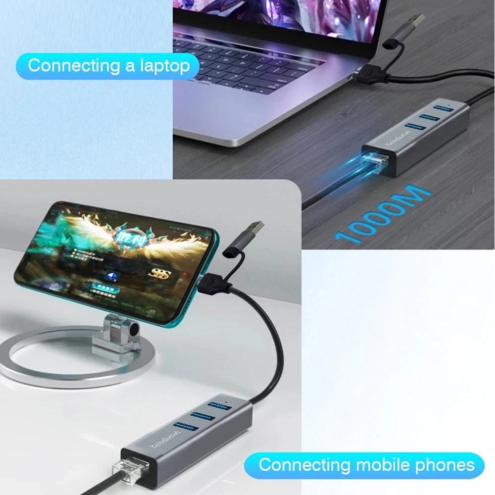 USB C HUB 1000Mbps 3 puertos USB 3,0 tipo C HUB USB a Rj45 Gigabit Ethernet adaptador estación de acoplamiento para MacBook ordenador portátil - imagen 2