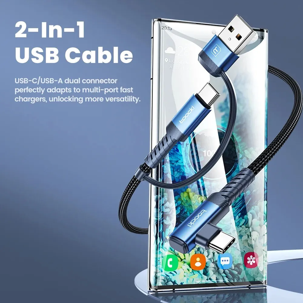 Toocki 2 IN 1 USB Type C Cable 90 Degree Elbow PD 60W Fast Charging Data Cord for Xiaomi Samsung Realme POCO USB C Charger Wire - imagen 4