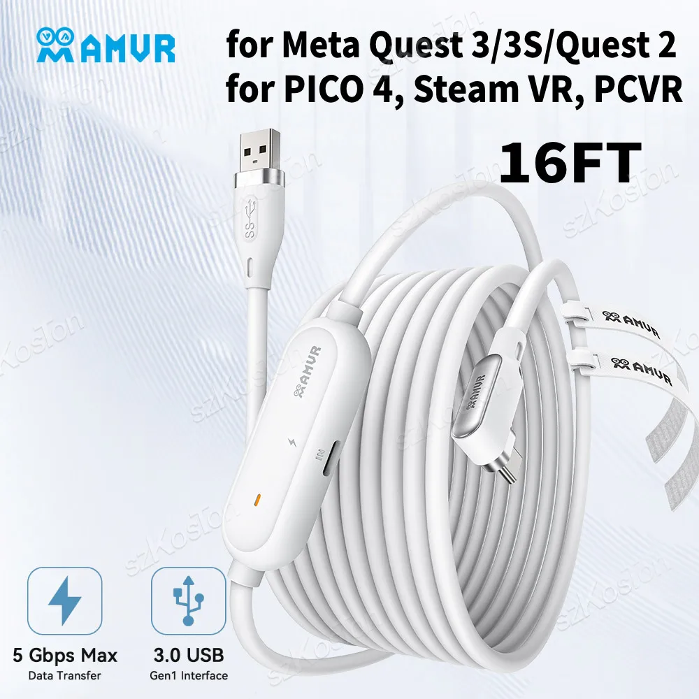 AMVR Cable de enlace VR de 16 pies USB tipo C con puerto de carga rápida separado para Meta Quest 3/3S/ Quest2 Pico4 Steam VR PCVR Accesorios - imagen 2