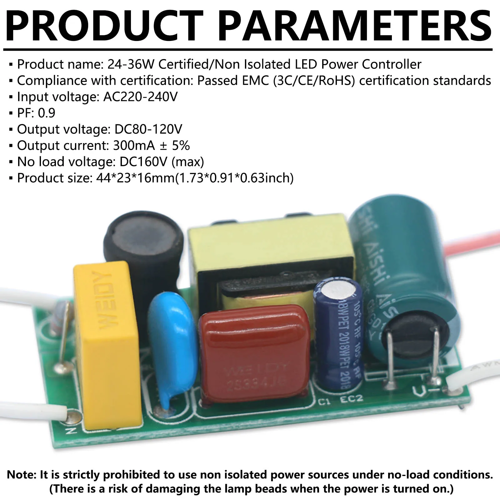 Controlador LED de 24-36W, transformador de iluminación de corriente constante no aislado de 300mA, Unidad de fuente de alimentación convertidora de AC220-240V a DC80-120V - imagen 5