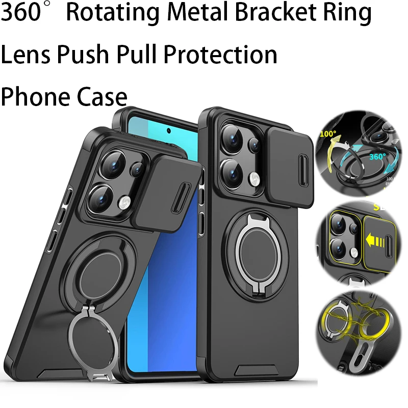 360 ° Funda de teléfono con anillo de soporte de Metal giratorio para Xiaomi 14T Pro Redmi Note 14 14C 13 Pro Plus, cubierta trasera de protección de empuje y tracción de lente