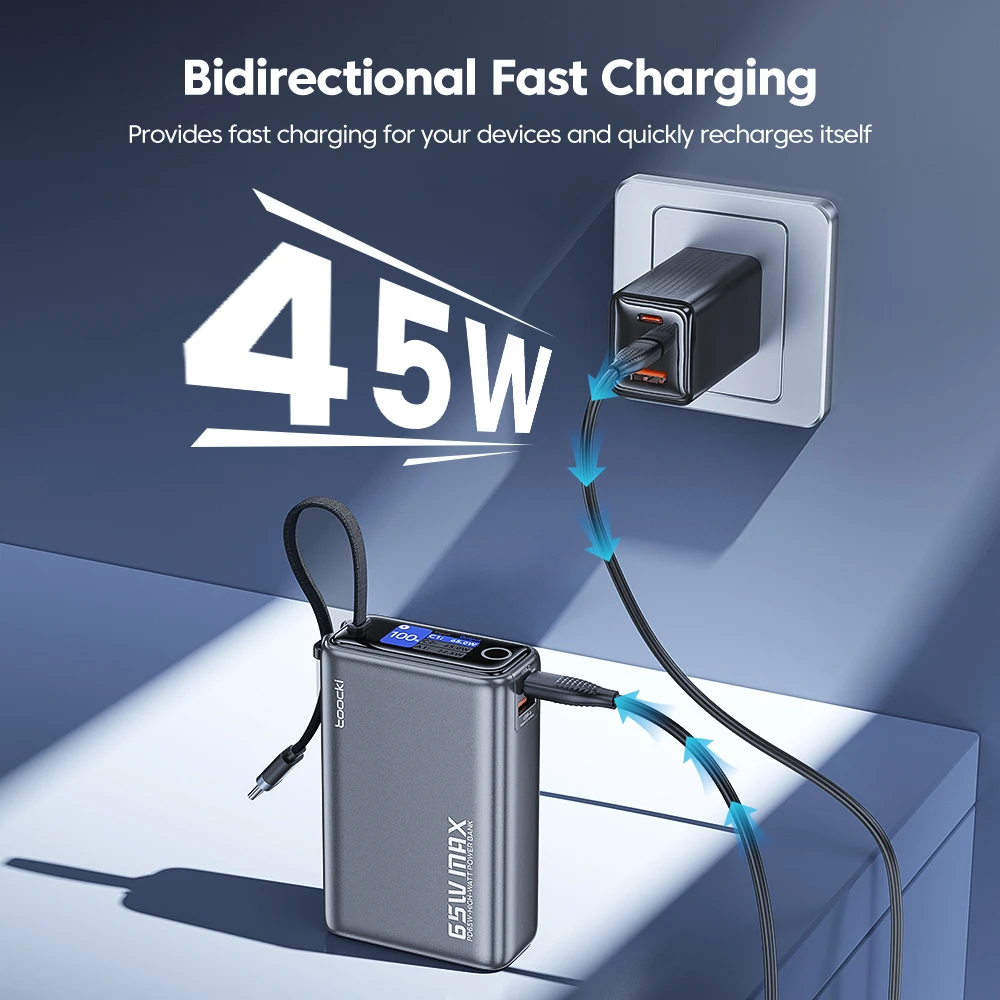Toocki portátil Powerbank 65W 20000mAh PD3.0 Digital visualizado carga rápida banco de energía para ordenador portátil iPhone 17 16 batería externa - imagen 3