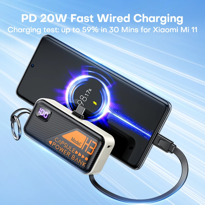 QOOVI Mini Powerbank 5000mAh PD 20W Cable Incorporado Carga Rápida - imagen 4