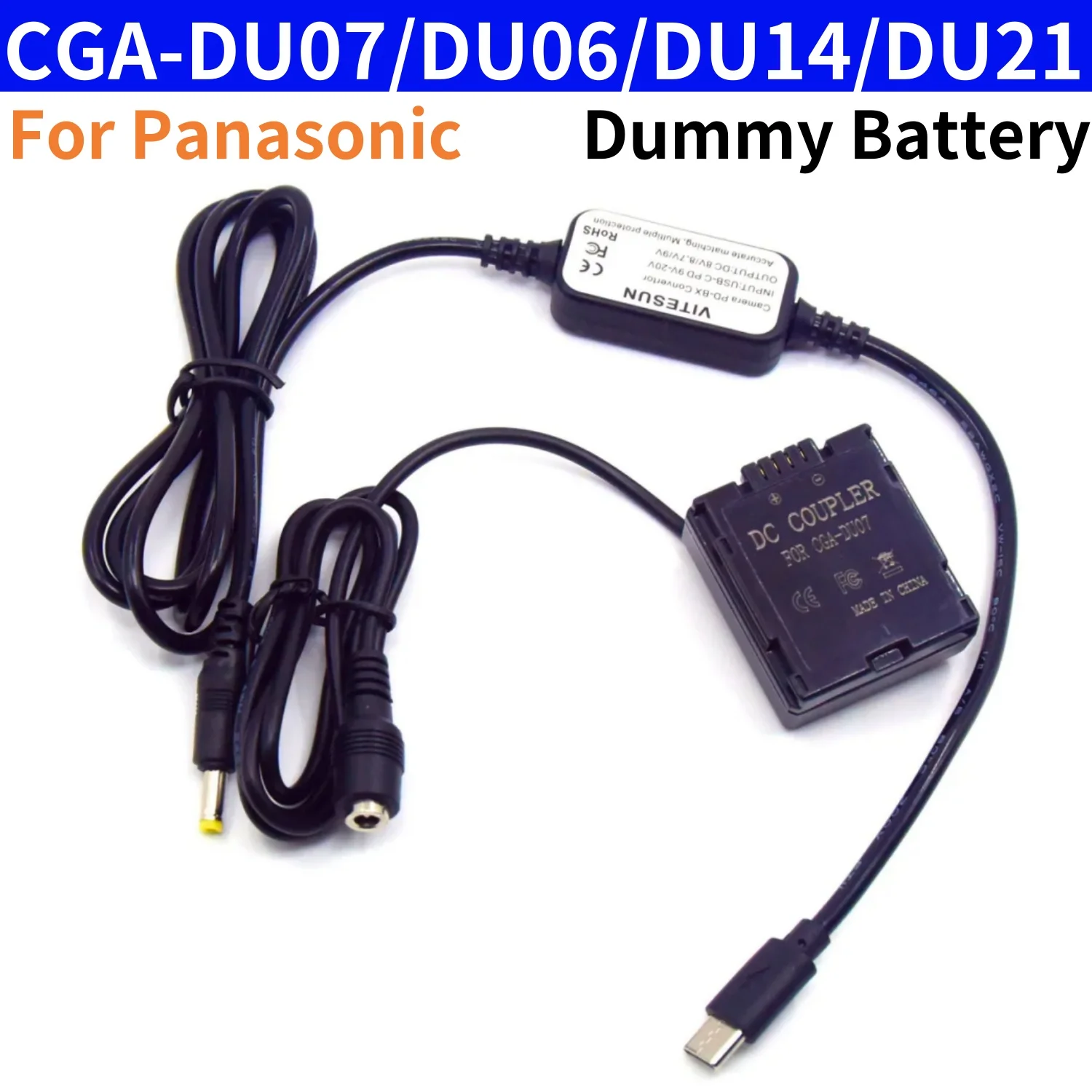 Batería virtual CGA - du07 du06 du14 du21 Panasonic NV - gs27 / 28 / 50 / 140 / 150 / 328 / 500 VW - vbd070 vdr - d100 d150 y cable de alimentación USB C PD