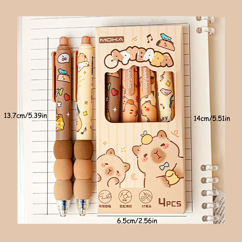 Bolígrafos de Gel borrables de capibara, dibujos animados, Kawaii, escritura de secado rápido, bolígrafos neutros suaves y elegantes, papelería estética, 4 Uds. - imagen 2