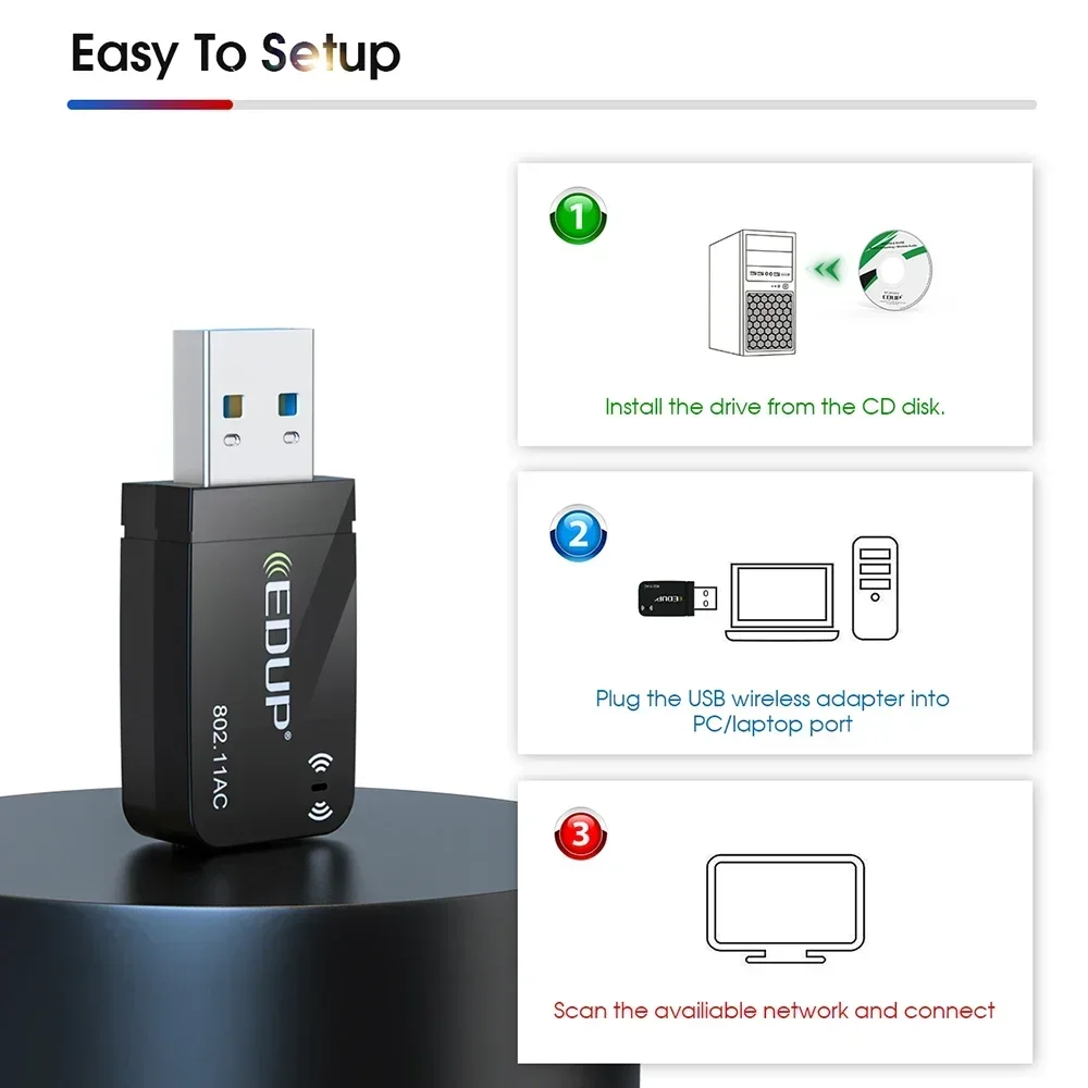 EDUP banda Dual 1300Mbps USB 3,0 tarjeta de red de CA inalámbrica USB WIFI Lan adaptador 802.11ac Mini adaptador Wi-Fi portátil para PC portátil - imagen 4