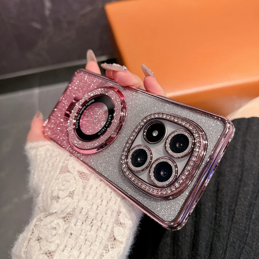 Funda con soporte magnético de diamante brillante chapado de lujo para Xiaomi POCO C75 C65 X7 X6 M6 Pro 4G, funda trasera con soporte para teléfono de silicona suave - imagen 2