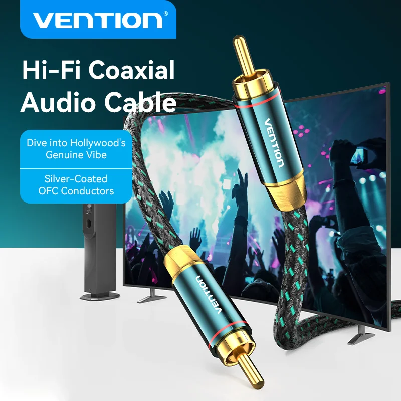 Vention-Cable de Audio Coaxial Hi-Fi 4N, Cable de Audio Coaxial RCA trenzado de algodón plateado macho a macho para altavoz amplificador de TV