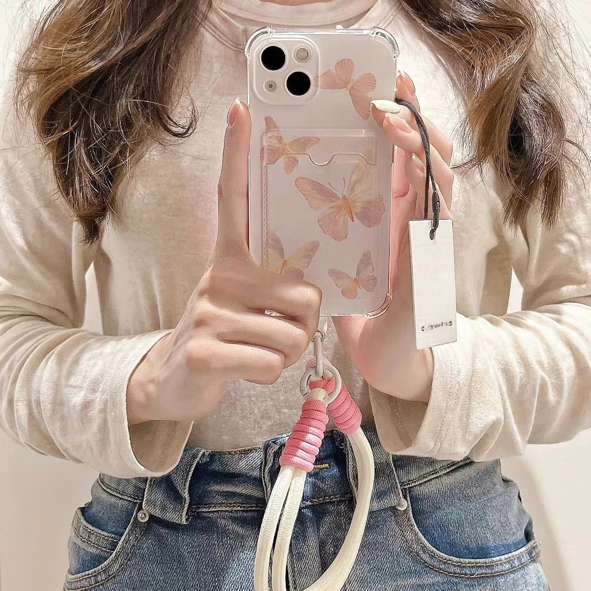 Bolsa de tarjeta de mariposa rosa y azul, funda de teléfono con cuerda y correa de mano para Iphone 17 Air 16E 13 14 15 16 17 Pro Max 11 12 13 Pro 16 Plus - imagen 2