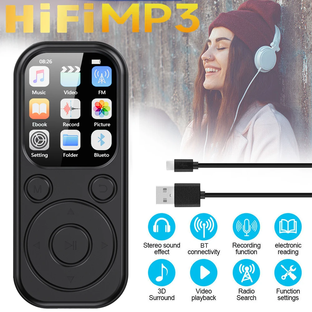 Mini reproductor MP3 delgado de 1,8 pulgadas Bluetooth 5,4 Walkman portátil Compatible con grabación de libros electrónicos Radio FM reproductor de música