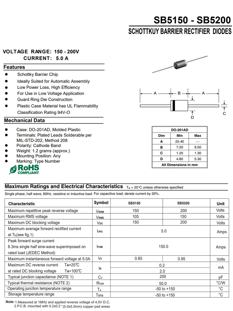 10 Uds SB5250 SB5150 SB5100 SR5250 SR5150 SR5100 MBR5250 diodo Schottky en línea DO-201AD 5A 100V 5A150V 5A200V 5A250V - imagen 3