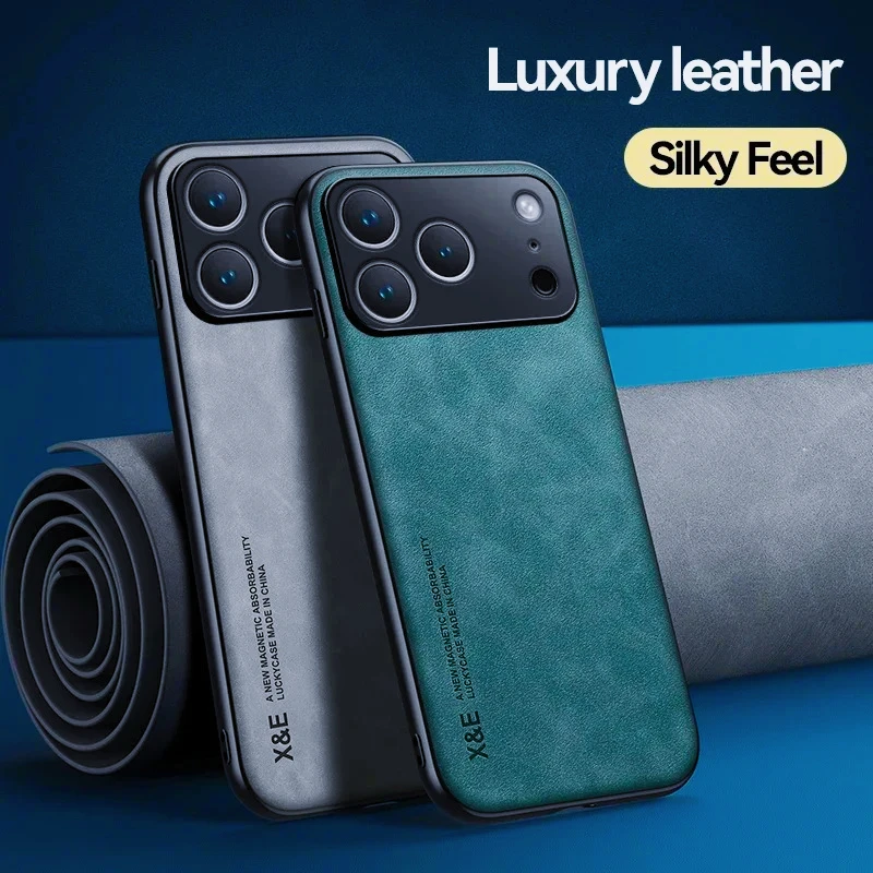 Para iPhone 17 Pro Max PU cuero coche soporte magnético funda de silicona para iPhone Air incorporado protección de hierro funda de teléfono