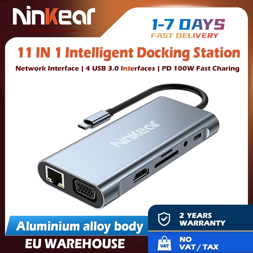 Estación de acoplamiento Ninkear 11 en 1 Resolución HD 4K 30Hz USB2.0*3 USB3.0*1 Resolución VGA 1080P /60Hz Carcasa de aleación de aluminio