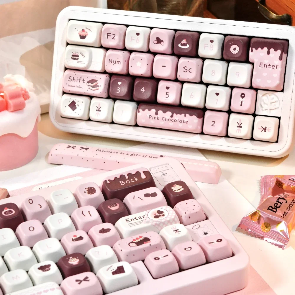 Teclas de Chocolate y fresa, perfil de cereza PBT, sublimación de calor de cinco lados, teclas de teclado mecánico, tapa de tecla rosa dulce, 145 teclas - imagen 5