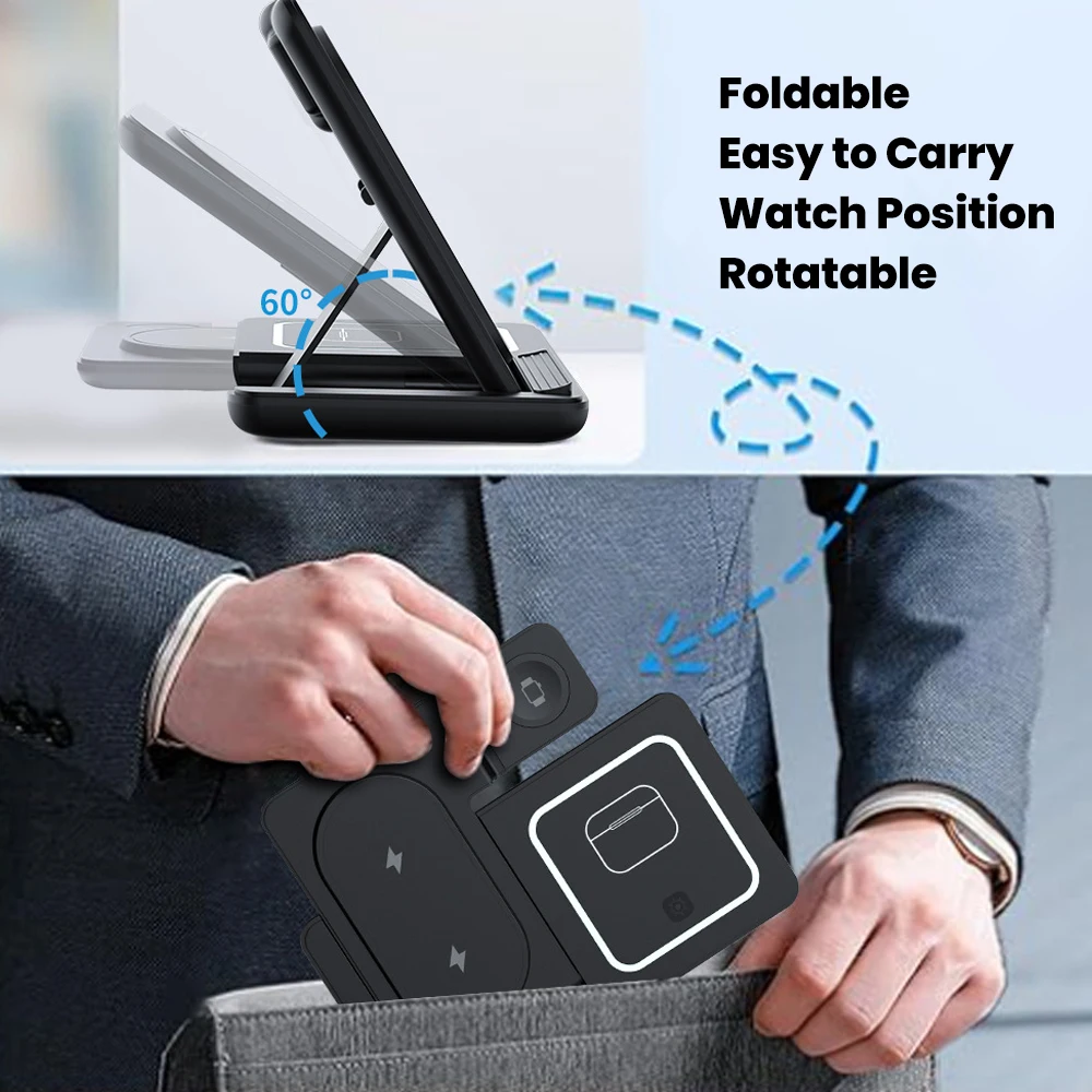 Cargador inalámbrico plegable 3 en 1 QC3.0 magnético 15W cargador de teléfono inalámbrico de carga rápida para iphone teléfono reloj auriculares - imagen 4