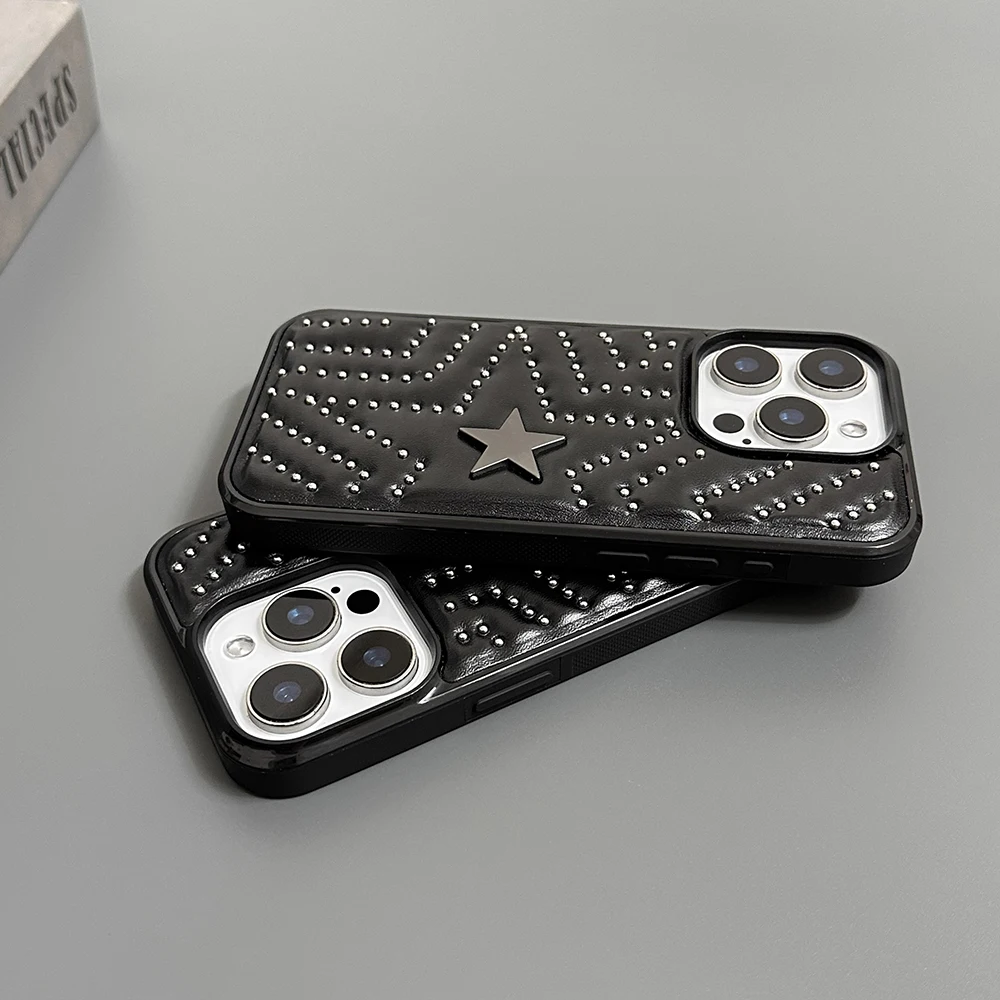 Funda protectora de cuero a prueba de golpes con estrella de cinco puntas y remaches plateados a la moda para iPhone 17 16 15 14 Pro Max 13 - imagen 5