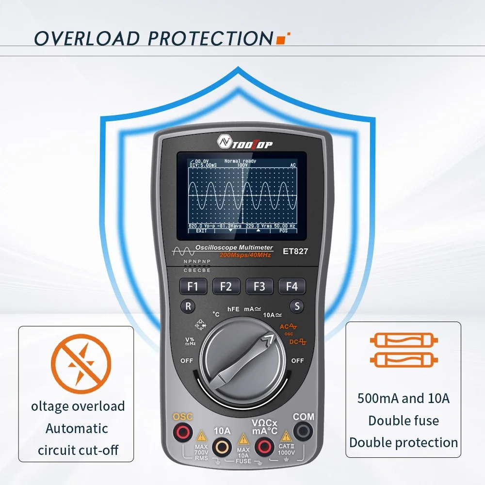 TOOLTOP-osciloscopio Digital portátil ET827, multímetro analógico de 200 cuentas, ancho de banda, prueba de mantenimiento multiusos, 6000 Ms/S, 40MHz - imagen 5