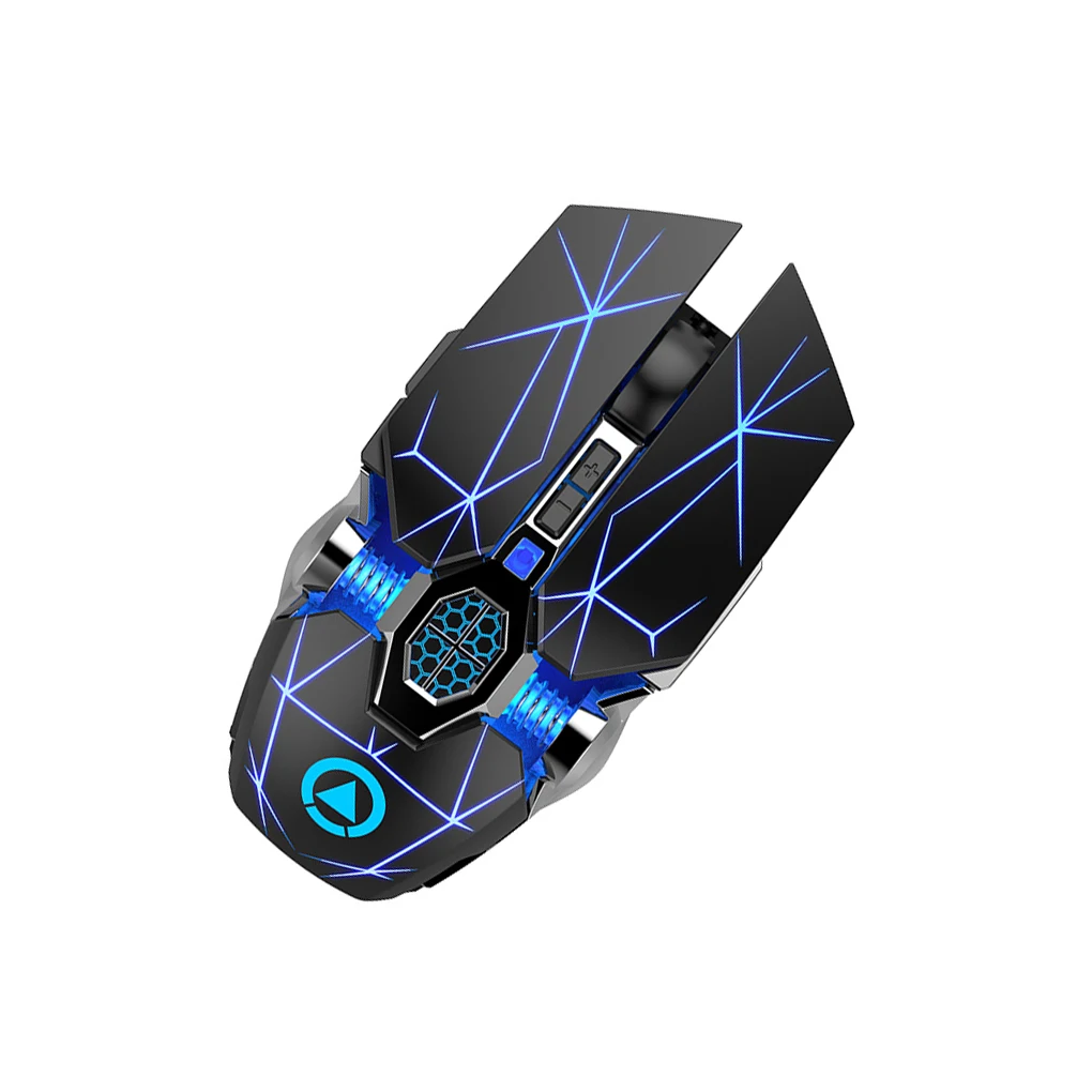 Un mouse de computadora en negro y azul con un punto azul