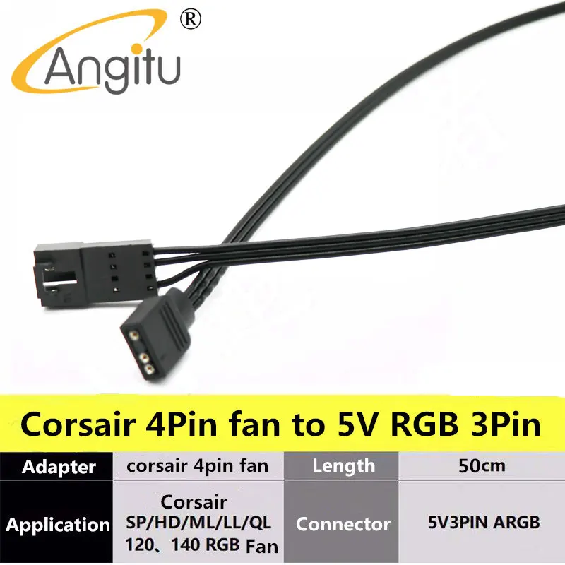 Angitu-ventilador Corsair RGB ARGB, Cable adaptador de iluminación, nodo/Commander HD/LL120 140, ventilador de 3 pines/4 pines a 5V, 3 pines, Cable-50cm de rayas LED - imagen 5