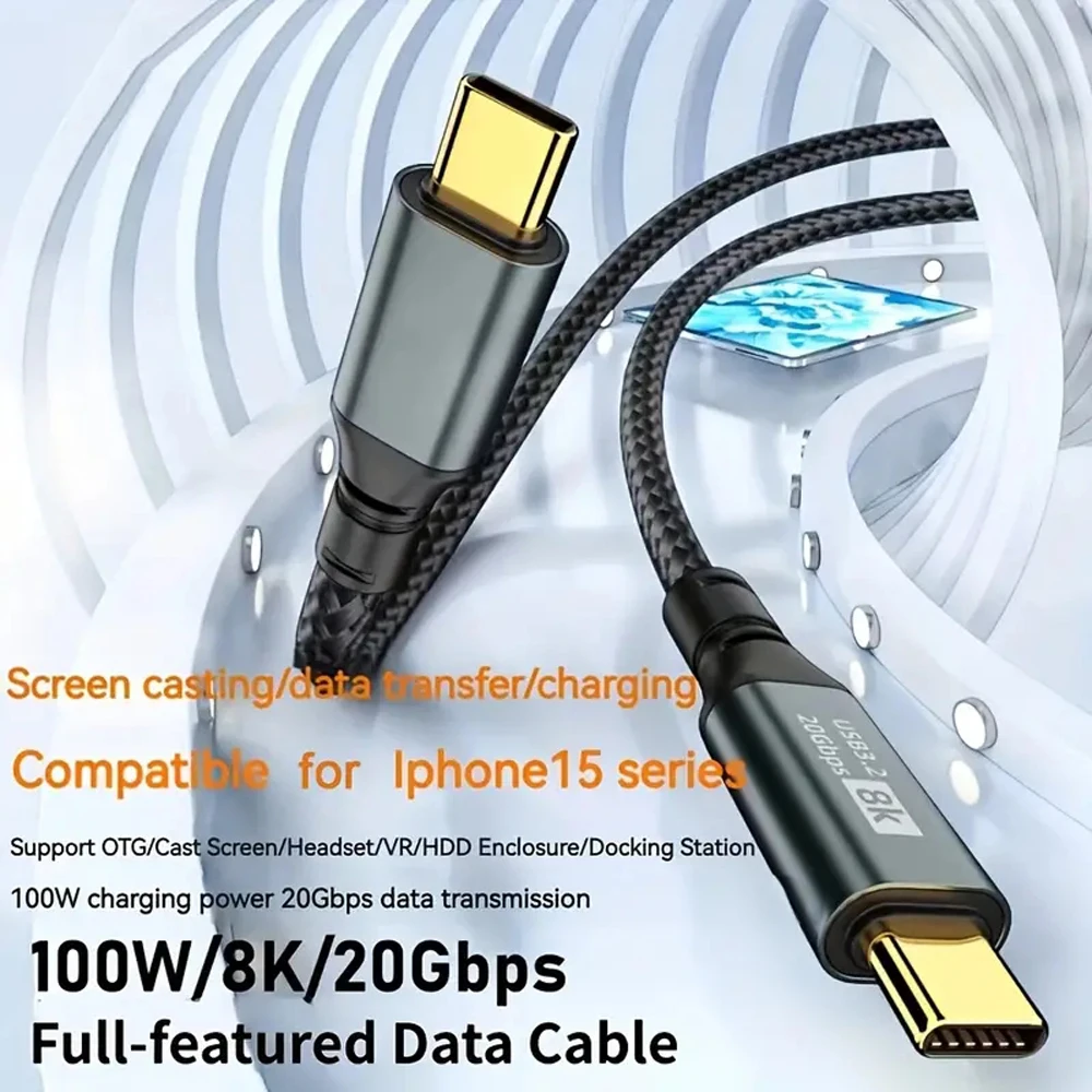 Cable PD 100W USB tipo C para Macbook iPad iPhone 15 Pro Max USB 3,2 tipo C Gen2 20Gbps 8K @ 60Hz Cable de datos de vídeo para TV PC - imagen 5
