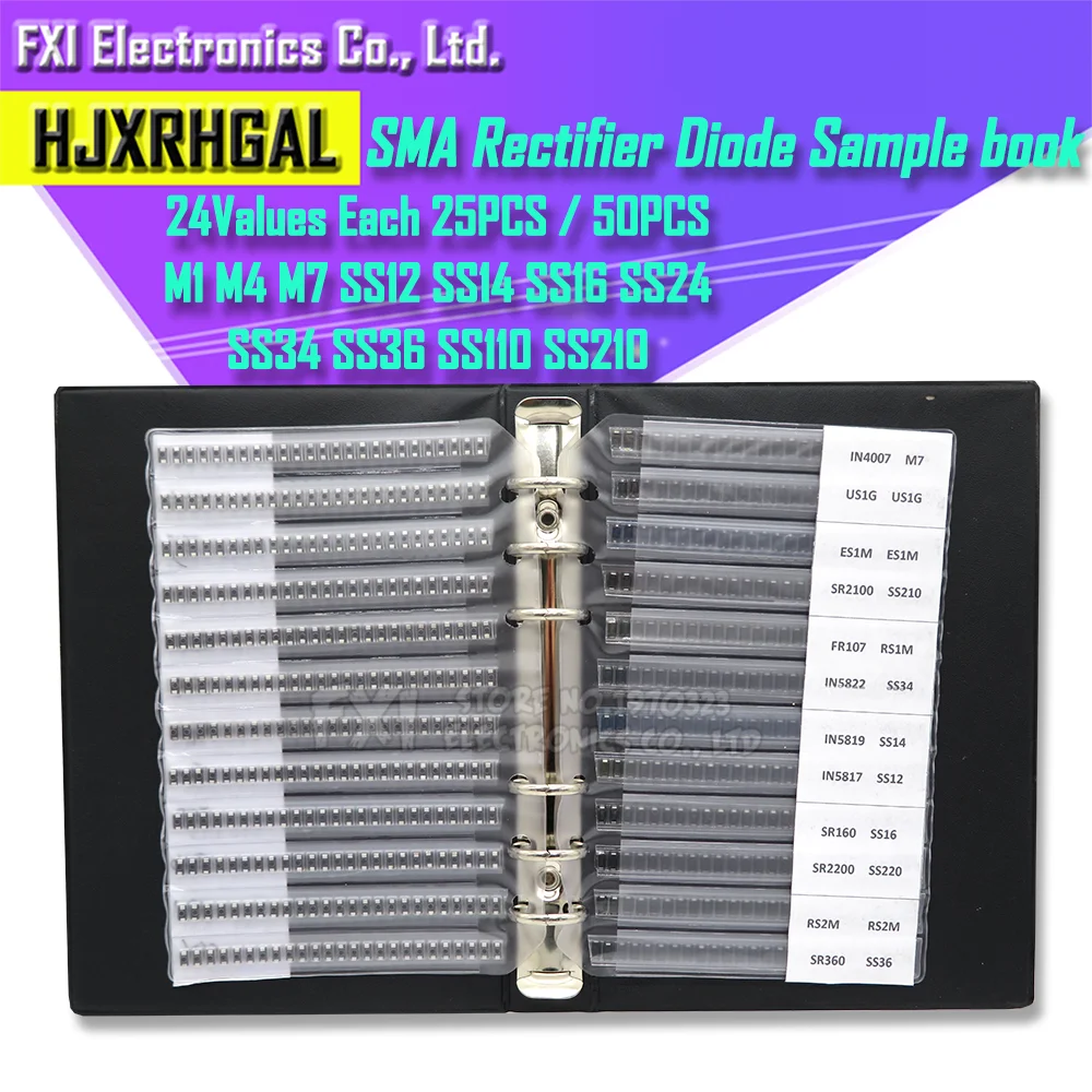 Libro de muestra de diodo rectificador SMA de 24 valores, Kit surtido de SMD, diodos Schottky M1 M4 M7 SS12 SS14 SS16 SS24 SS34 SS36 SS110 SS210