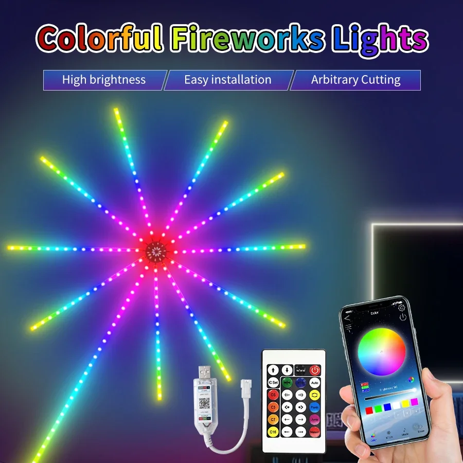Guirnalda de luces LED de fuegos artificiales con Bluetooth, 5V, USB, aplicación remota, Control RGBIC 5050, sincronización de música, decoración para sala de estar, fiesta de boda - imagen 2