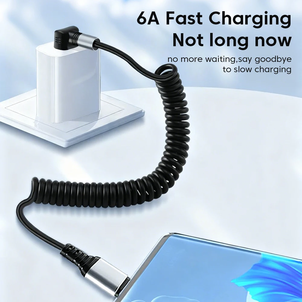 Cable de resorte de coche con conexión ciega USB 6A, Cable de carga rápida retráctil USB A a tipo C para iphone 15 16 Samsung Xiaomi Huawei