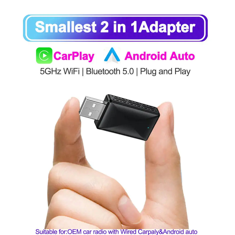 Adaptador 2 en 1 cableado a inalámbrico CarPlay Android Auto para estéreo de coche OEM con USB Plug and Play - imagen 2