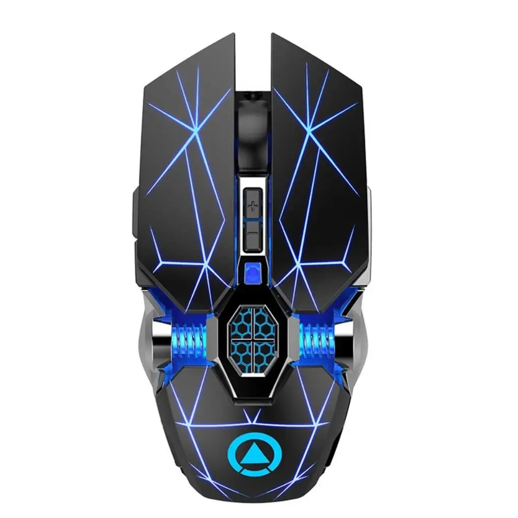 Un mouse de computadora negro y azul con un triángulo azul en la parte inferior