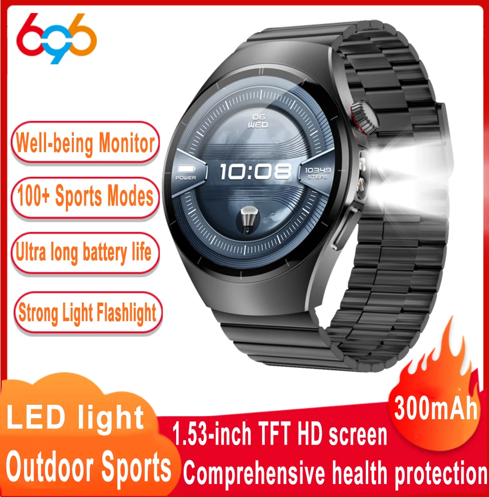 Linterna de luz fuerte para exteriores, pulsera con llamada de diente azul, reloj inteligente para hombres, deportes de salud, reloj inteligente de negocios, ritmo cardíaco resistente al agua