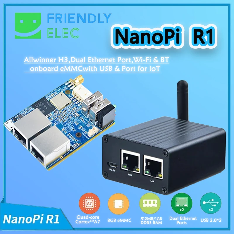 NanoPi R1 1GB RAM 8GB eMMC Allwinner H3 Gbps Ethernet Wifi Bluetooth OpenWRT cortex-A7 FriendlyELEC 5V2A alimentación UE/EE. UU. opcional