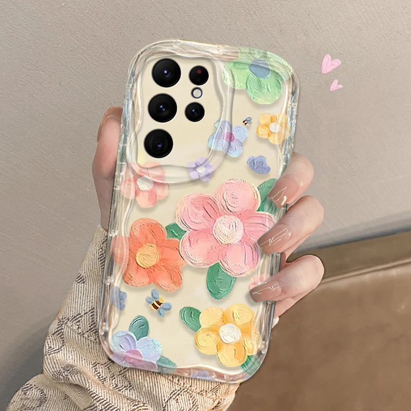 Pintura al óleo flor 3D onda caso para Samsung Galaxy S24 Ultra S23 S22 Plus S21 S20 FE A25 A55 A35 A15 A16 A05 A05S A06 cubierta - imagen 2