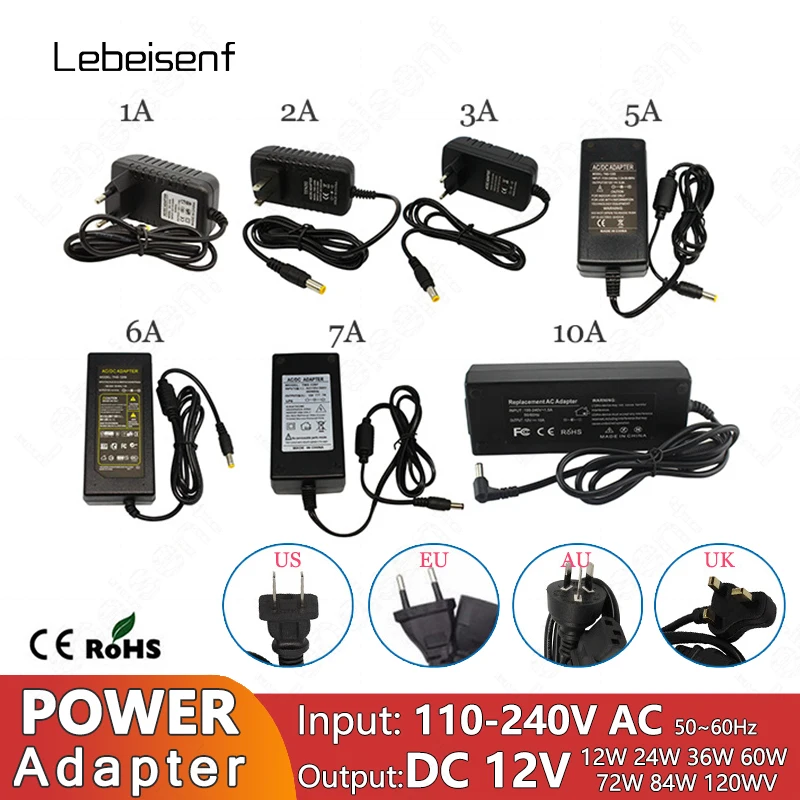 Adaptador de corriente 12V 1A 2A 3A 5A 6A 7A 10A 12W 24W 36W 60W 84W 120W 100-240V AC a DC enchufe de pared tipo escritorio 5,5*2,5mm puerto DC12V
