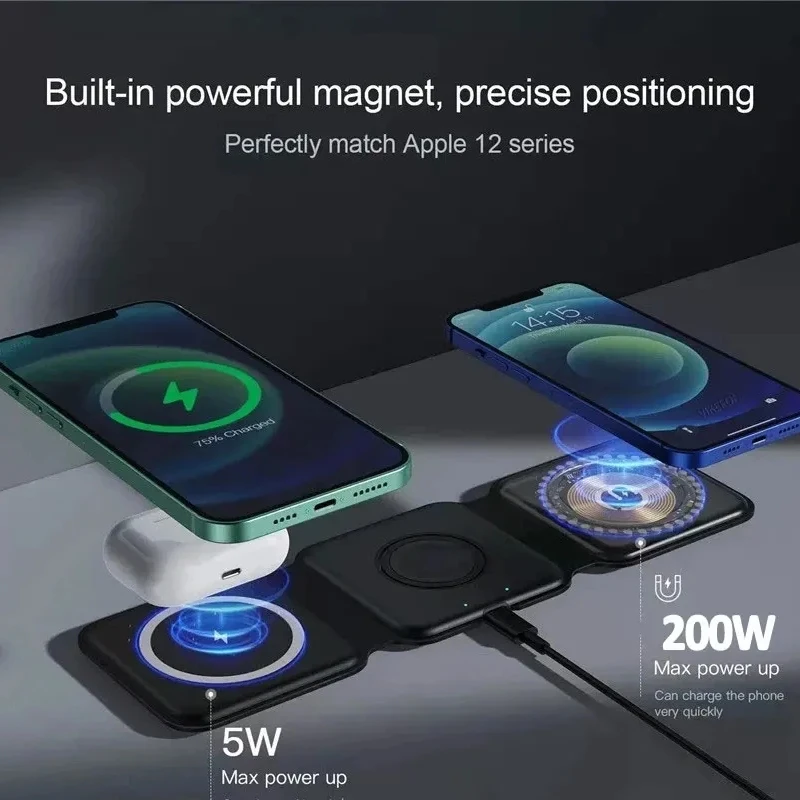 Almohadilla de carga inalámbrica portátil magnética 3 en 1 para iPhone 16 15 14 13 12 Pro Max Apple Watch AirPods estación de carga rápida - imagen 4