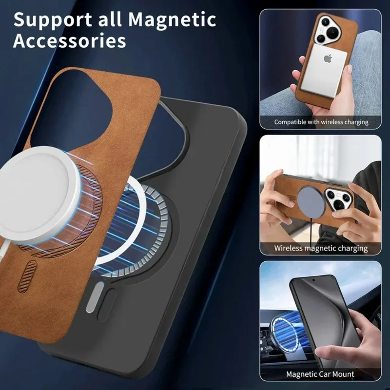 Funda de cuero de lujo para Huawei Pura 70 Ultra 70pro Plus, cubierta de carga inalámbrica magnética Magsafe, parachoques de protección - imagen 2