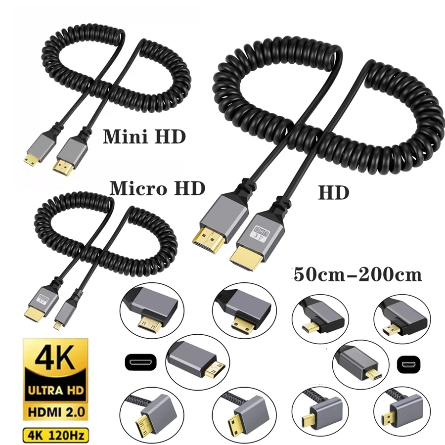 4K 60HZ Micro Mini HDMI Compatible macho a HDMI extensión en espiral Cable espiral Flexible para ordenador portátil PC DVD PS4 5 Monitor TV - imagen 2