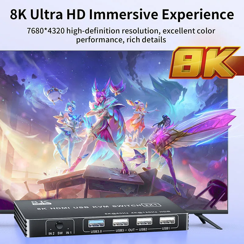 Conmutador KVM HDMI 4K 120Hz con USB 3,0 puerto Dual 8K HDMI 2,1 USB KVM conmutador Hub Box HDMI 2,1 conmutador para PC portátil HDMI USB - imagen 4