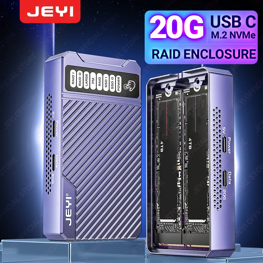 JEYI Caja dual Nvme, caja RAID de hardware de 2 bahías, caja SSD de velocidad de transmisión de 20 Gbps, compatible con RAID0/RAID1/grande/JBOD
