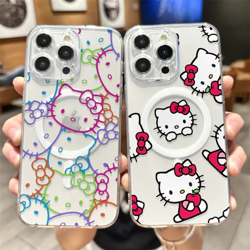 Funda de teléfono magnética con dibujos animados de Hello Kittys Magsafe para iPhone 16 15 14 13 12 11 8 7 Plus Pro Max X XR XSMax, funda transparente de Tpu