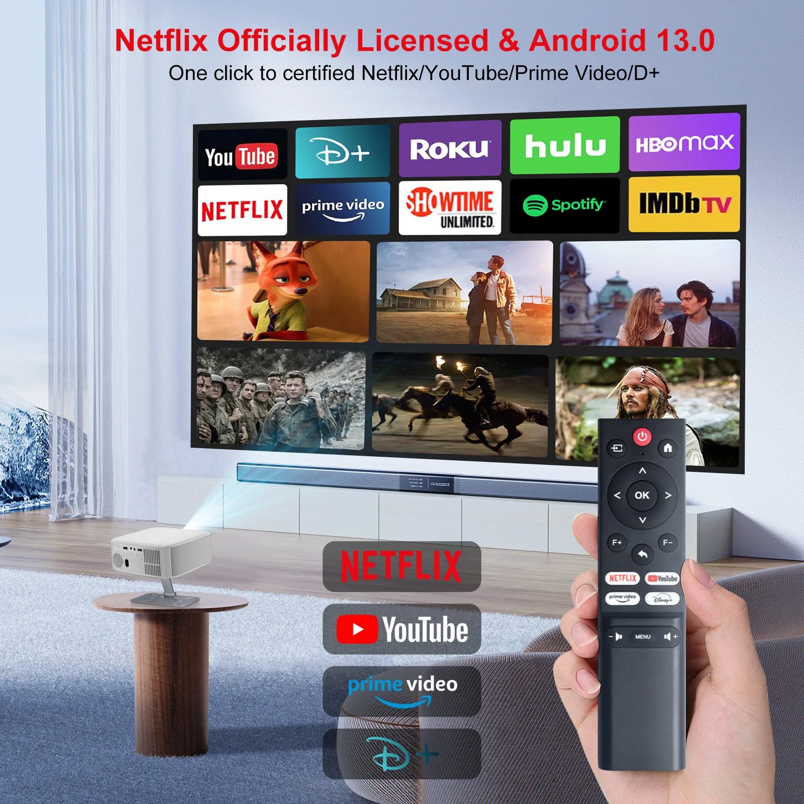 P92Max Proyector 1080P, 400 Lúmenes ANSI, Corrección Automática de Trapecio, Enfoque Electrónico, Android13, Whale OS, 1 GB de RAM, 8 GB de ROM, WiFi6, Doble BT5.2, Control Remoto Infrarrojo - imagen 5